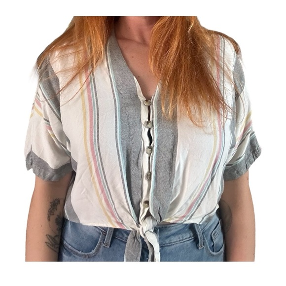 Style Envy Cropped Colorful Striped Button-Down Tie Front Blouse Single Stitch S - Picture 13 of 16